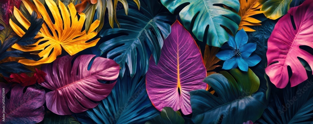 Vibrant colorful tropical leaves background with various plant textures Vibrant colorful tropical leaves background with various plant textures