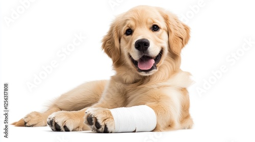 Playful golden retriever puppy with a bandaged leg indoor studio setting pet portrait happy environment photo