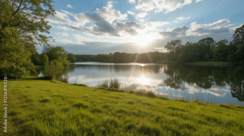 Serene Scenic Landscape with River and Sunlight Reflection Serene Scenic Landscape with River and Sunlight Reflection