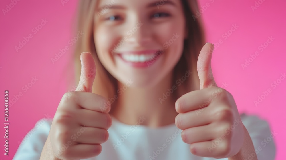 Smiling Young Woman Giving Thumbs Up Gesture Against Vibrant Pink Background Representing Positivity and Optimism Smiling Young Woman Giving Thumbs Up Gesture Against Vibrant Pink Background Representing Positivity and Optimism