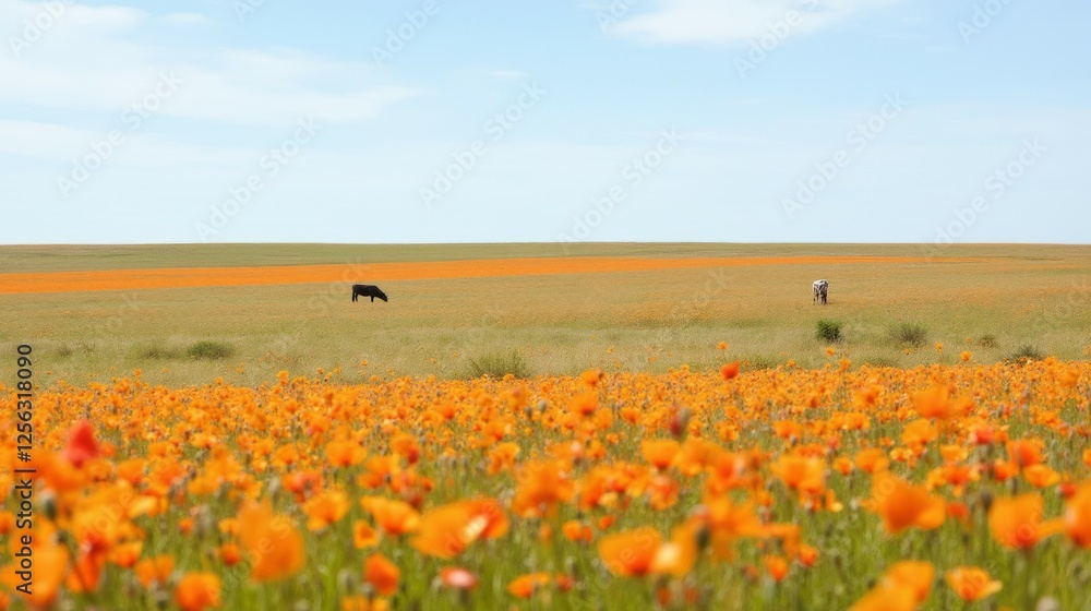 Lush Orange Poppy Field with Grazing Cows Under a Blue Sky Lush Orange Poppy Field with Grazing Cows Under a Blue Sky