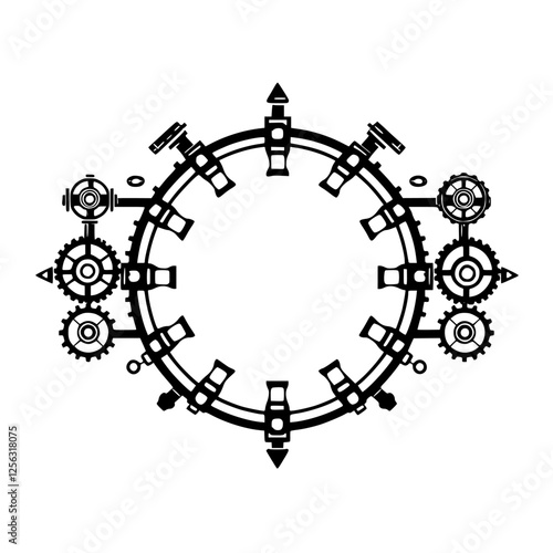 Black and white steampunk illustration with a circular center and gears.