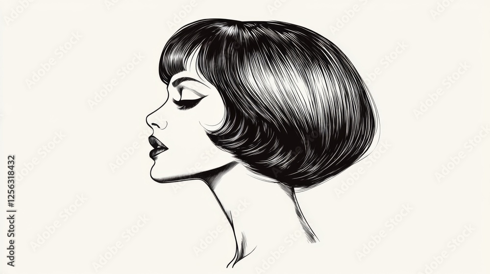 Woman's profile, bob haircut, elegant style, white background, fashion illustration Woman's profile, bob haircut, elegant style, white background, fashion illustration