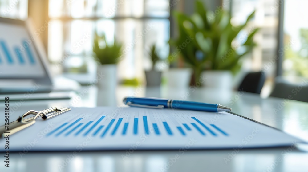 Blue Clipboard with Pen and Documents in Office Setting Blue Clipboard with Pen and Documents in Office Setting