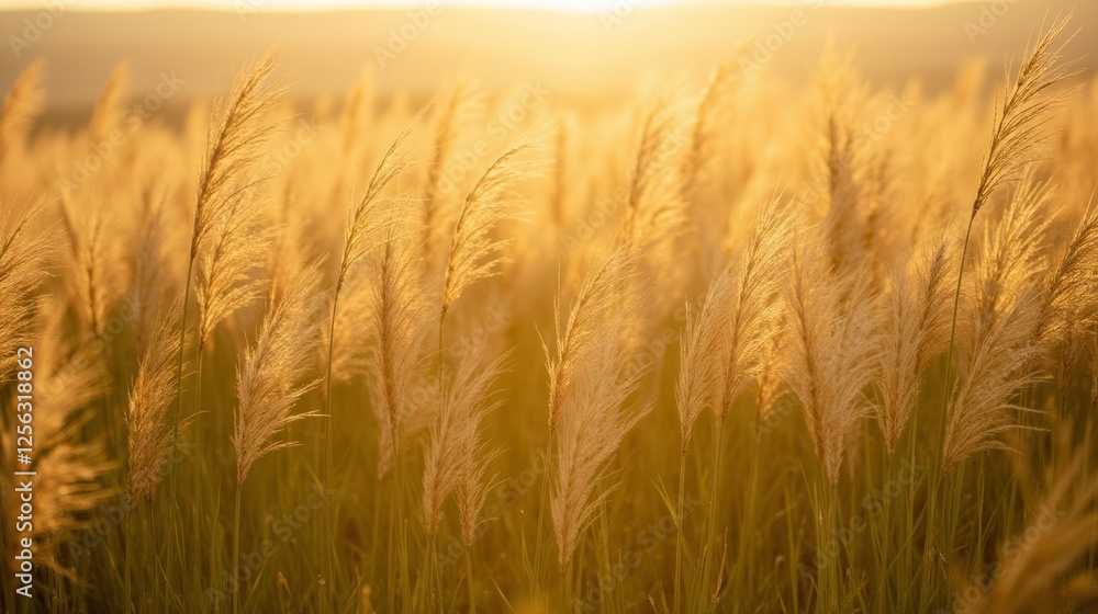 Fototapeta premium Golden Light Over Flowing Grassland During Sunset Breeze