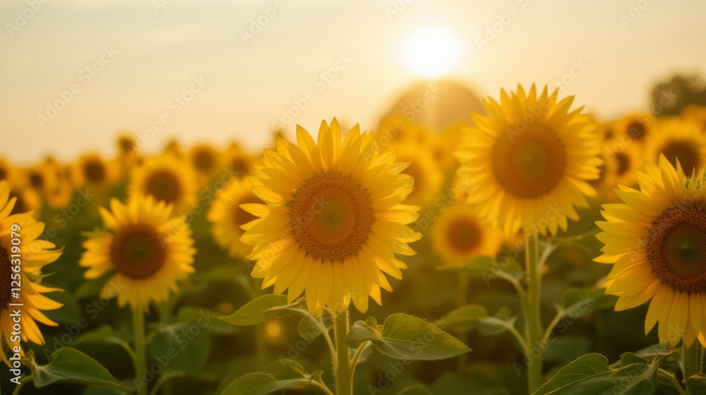 Fototapeta premium Sunflower Field at Sunrise with Warm Golden Light in Background
