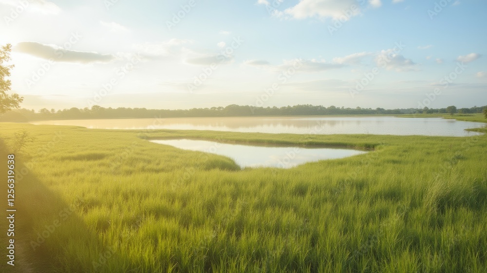 Serene Landscape of Lush Green Grass by Calm Water Under Bright Sky Serene Landscape of Lush Green Grass by Calm Water Under Bright Sky