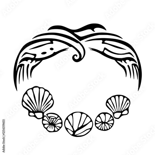 Minimalist illustration featuring a stylized black and white representation of a seashell necklace with a wave-like top design.