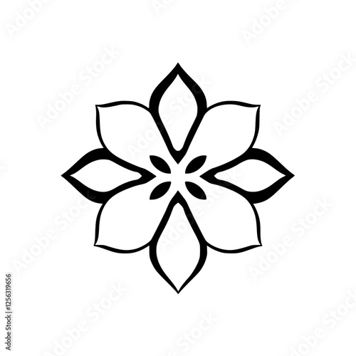 Geometric floral design featuring a black and white flower, set against a pure white background.