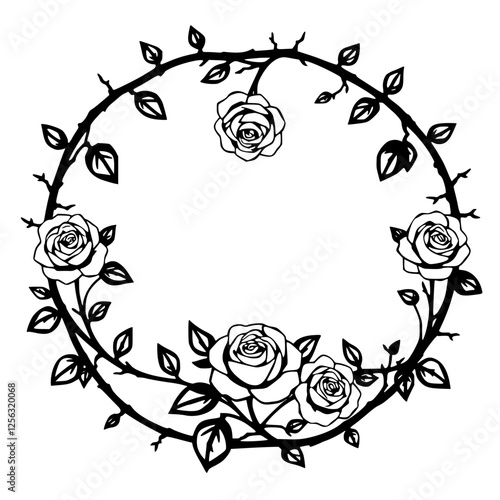 "A black and white illustration of a wreath composed of roses, leaves and thorns."