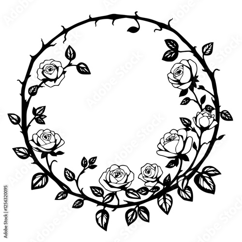A black and white floral wreath design featuring roses and leaves in a circular arrangement.