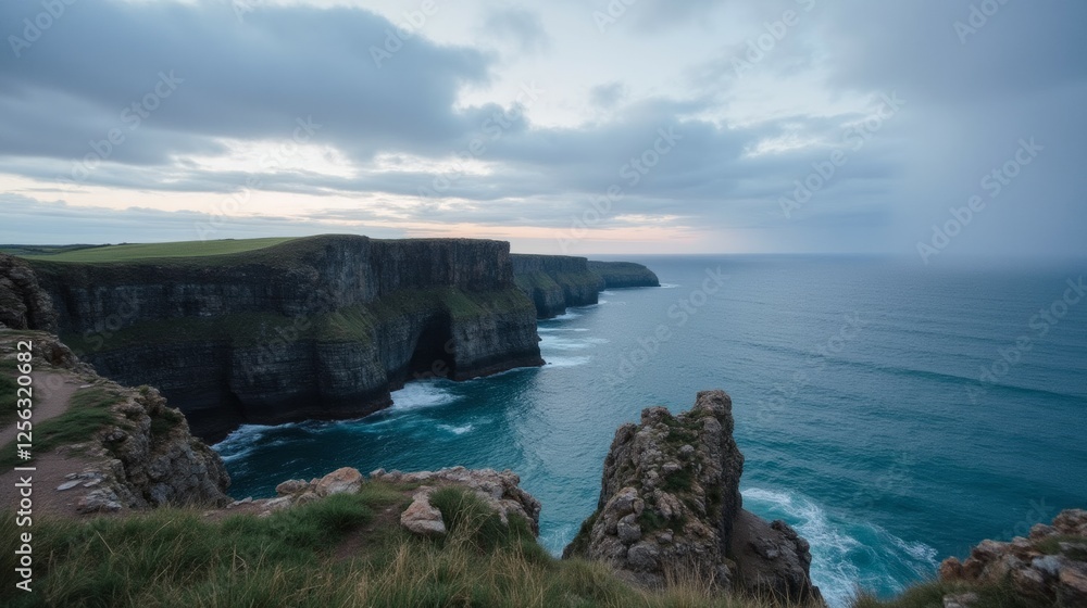 Dramatic Seascape of Rocky Cliffs and Calm Waters at Dusk Dramatic Seascape of Rocky Cliffs and Calm Waters at Dusk