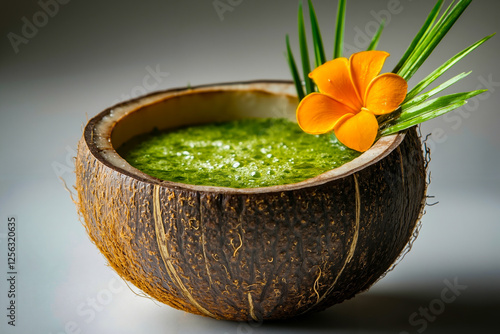 A coconut bowl filled with green sauce and a flower photo