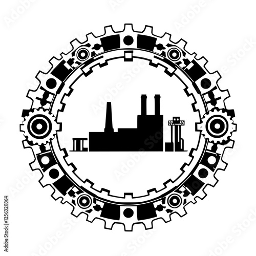 Industrial gearwheel and industrial plant silhouette: a black and white logo design, showing a gearwheel within a gearwheel, and a factory silhouette.