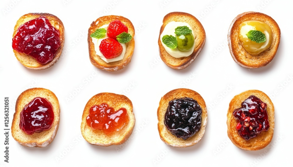 Delicious golden toasts covered with bright jam isolated on white background. Delicious toasts of visual appeal and taste. Delicious golden toasts covered with bright jam isolated on white background. Delicious toasts of visual appeal and taste.