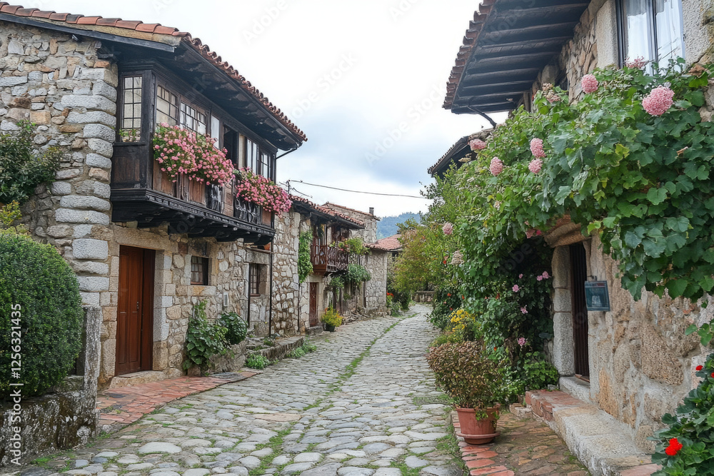 Picturesque stone paved street winds its way through a charming village with traditional stone houses adorned with colorful flowers Picturesque stone paved street winds its way through a charming village with traditional stone houses adorned with colorful flowers