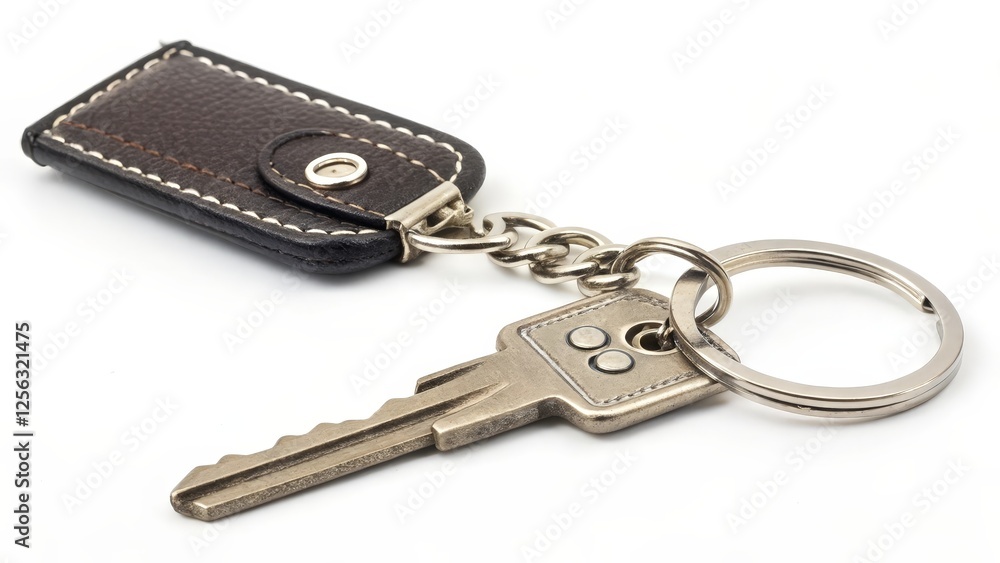 Leather Key Fob with Key on White Background Leather Key Fob with Key on White Background