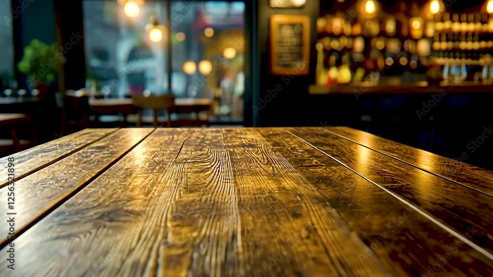Rustic wooden table in cozy cafe interior Rustic wooden table in cozy cafe interior
