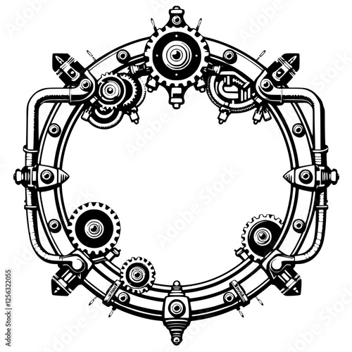 Industrial Steampunk Circle Frame: Mechanical Gears, Valves, and Pipes in a Black and White Illustration.