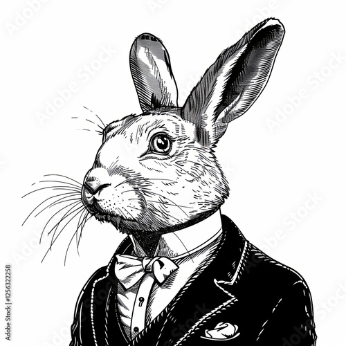 A life-size close-up of the face of a rabbit or hare. Animalism. Anthopomorphic creature. Imitation sketch print in black and white coloring. Illustration for cover, postcard, design, decor or print. photo