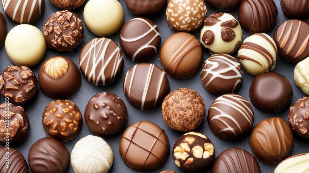 A variety of handmade sweets made of white and dark chocolate are laid out on the table. Candy. Illustration for banner, poster, cover, brochure or presentation. A variety of handmade sweets made of white and dark chocolate are laid out on the table. Candy. Illustration for banner, poster, cover, brochure or presentation.