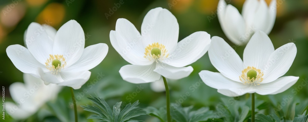 Close-up of three white anemones blooming in lush greenery Close-up of three white anemones blooming in lush greenery