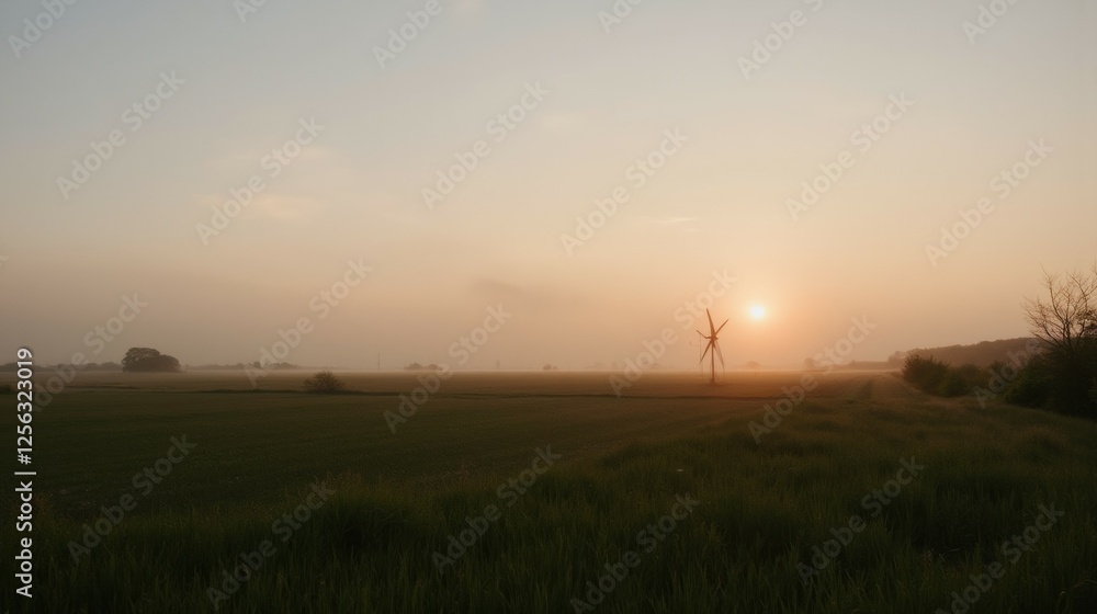 Serene Sunrise Over Fields With Wind Turbine in Rural Landscape Serene Sunrise Over Fields With Wind Turbine in Rural Landscape