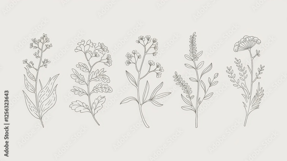 A collection of hand-drawn botanical illustrations featuring various delicate flowers and leaves in soft, neutral tones. A collection of hand-drawn botanical illustrations featuring various delicate flowers and leaves in soft, neutral tones.