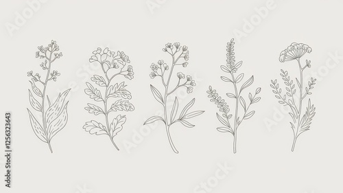 A collection of hand-drawn botanical illustrations featuring various delicate flowers and leaves in soft, neutral tones.