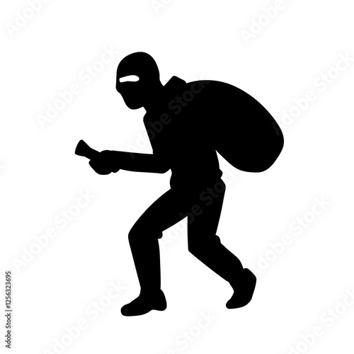 Thief Silhouette with Flashlight and Bag – Vector Illustration