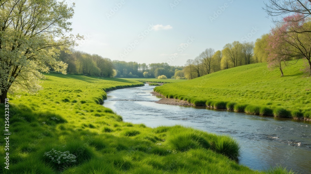 Serene River Flowing Through Lush Green Fields Under Clear Sky Serene River Flowing Through Lush Green Fields Under Clear Sky