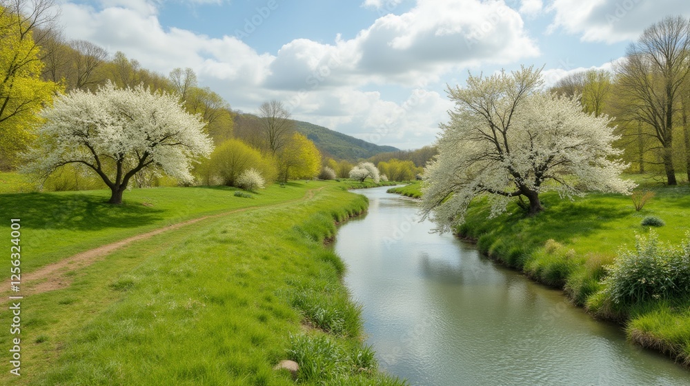 Tranquil Spring Landscape with River and Blooming Trees in Nature Tranquil Spring Landscape with River and Blooming Trees in Nature