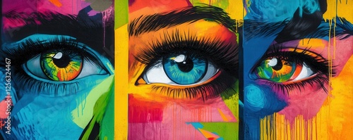 Vibrant urban street art of colorful eyes on graffiti wall