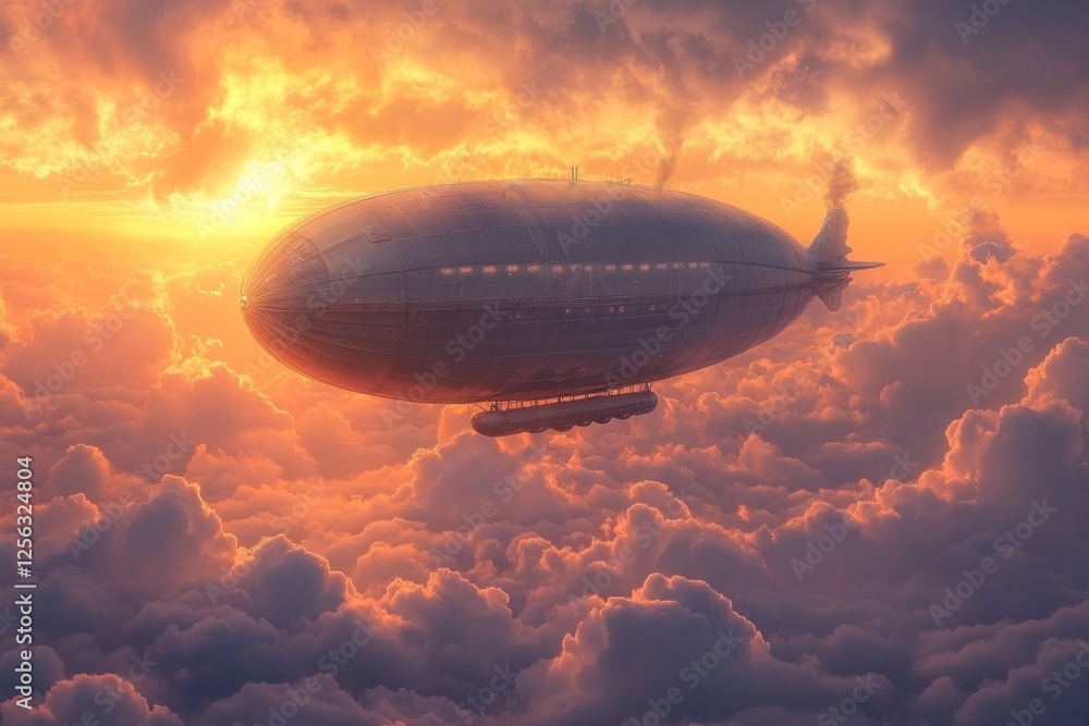 Fototapeta premium Large zeppelin flying high above the clouds during a beautiful sunset