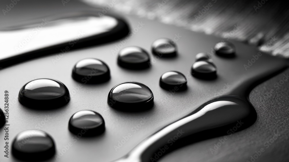 Fototapeta premium Close-up of glossy black paint drops glistening on a smooth surface, creating an elegant and artistic appearance with striking reflections.