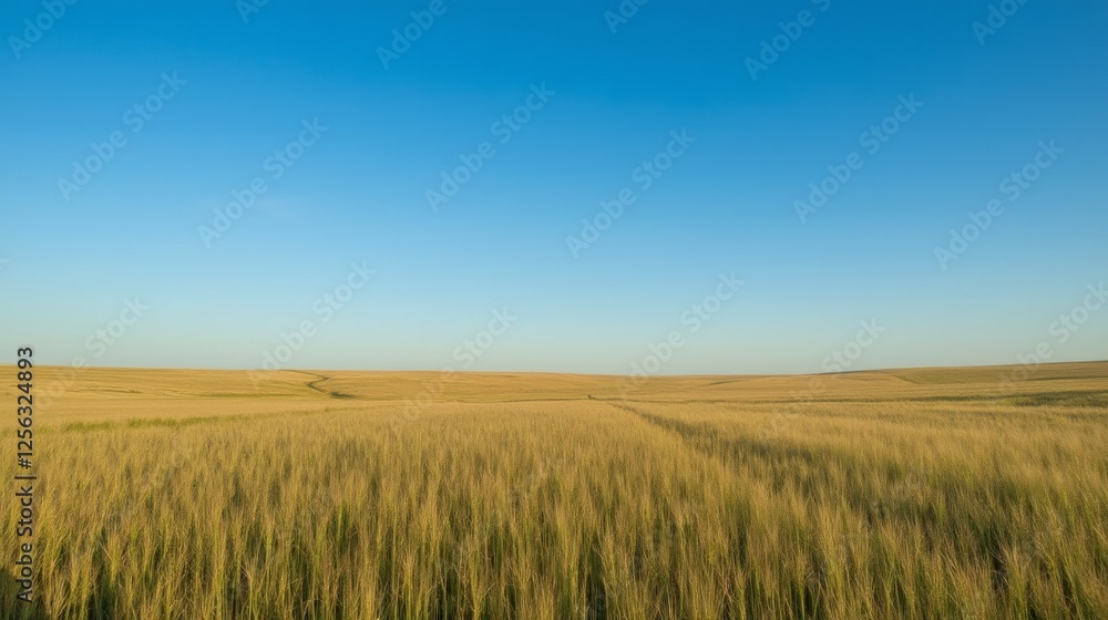 Lush Golden Wheat Field Under Clear Blue Sky in Sunlight