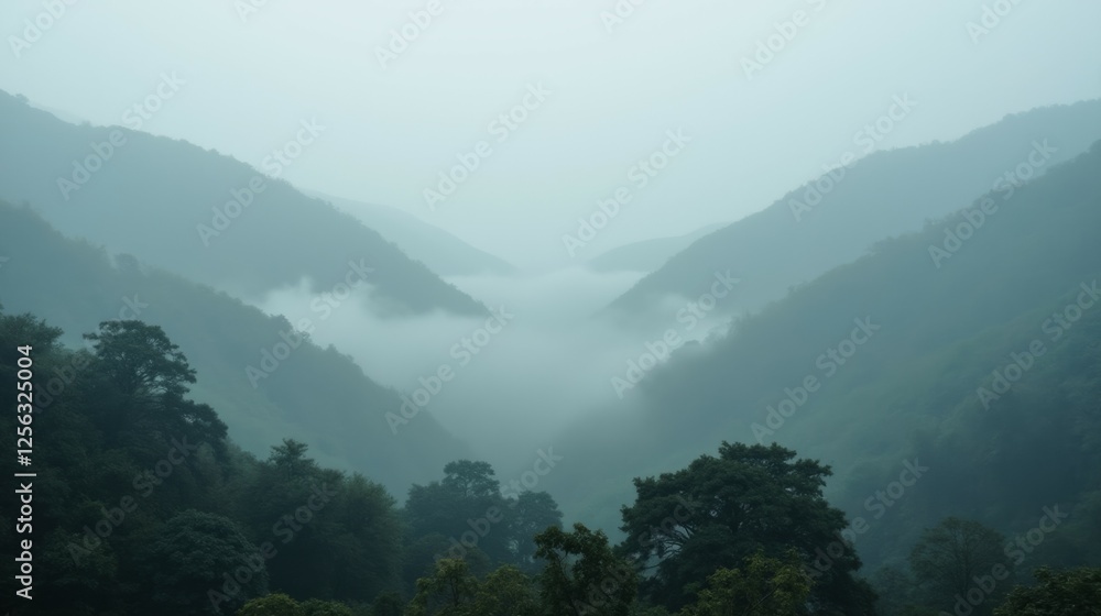 Misty Mountainscape with Fog Rolling Through Valleys and Trees Misty Mountainscape with Fog Rolling Through Valleys and Trees
