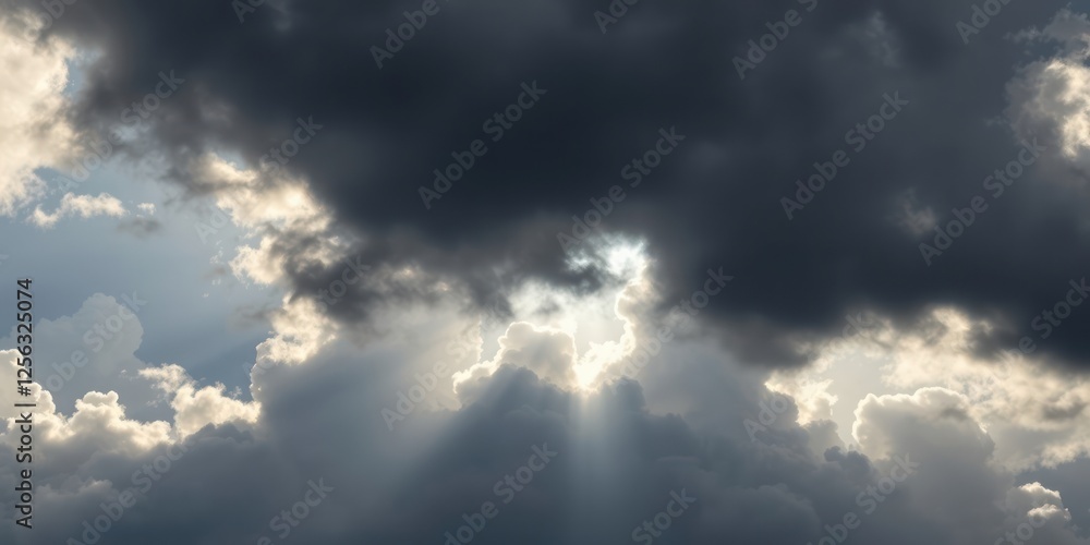 Fototapeta premium Light streams through dark clouds, representing hope and divine inspiration during Christian celebrations like Easter and Good Friday, evoking themes of renewal