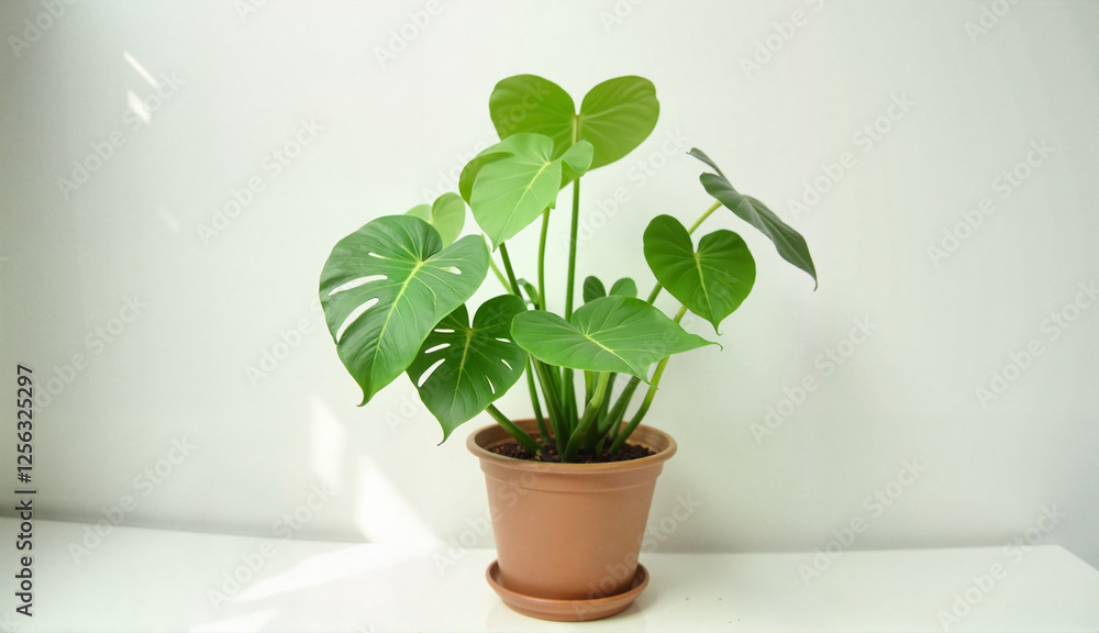 houseplant with heart-shaped leaves in a pot on a white table with soft background and copy space houseplant with heart-shaped leaves in a pot on a white table with soft background and copy space