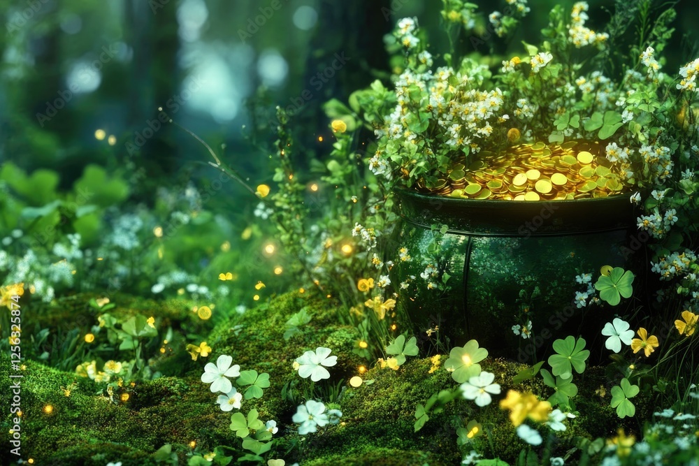 Enchanted forest with golden coins in flower-adorned cauldron Enchanted forest with golden coins in flower-adorned cauldron