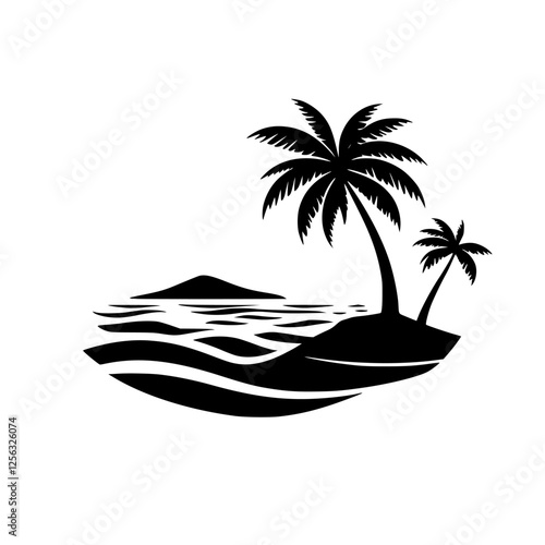 Tropical Island Paradise: Black silhouette of palm trees and a small island.