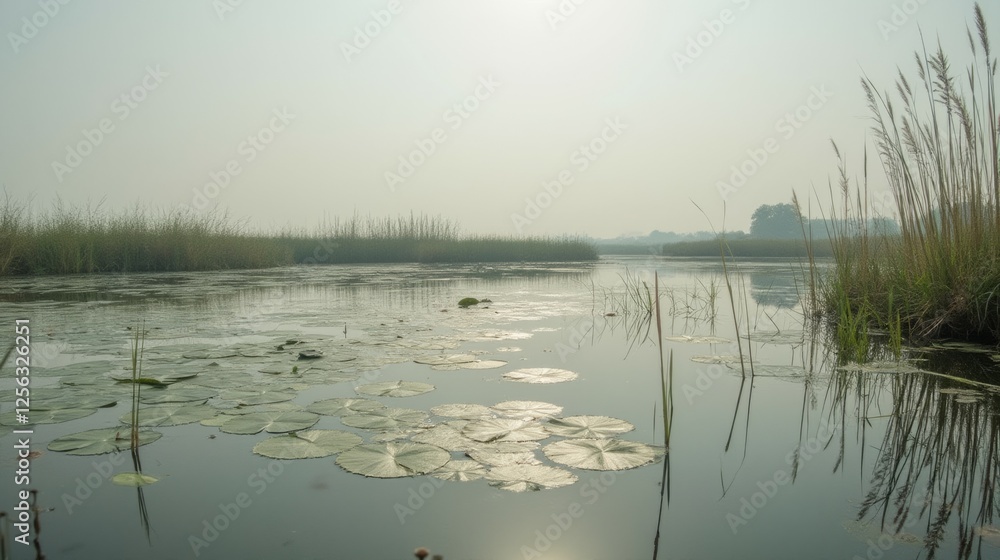 Tranquil Water Scene with Lush Lilypads and Misty Background Tranquil Water Scene with Lush Lilypads and Misty Background