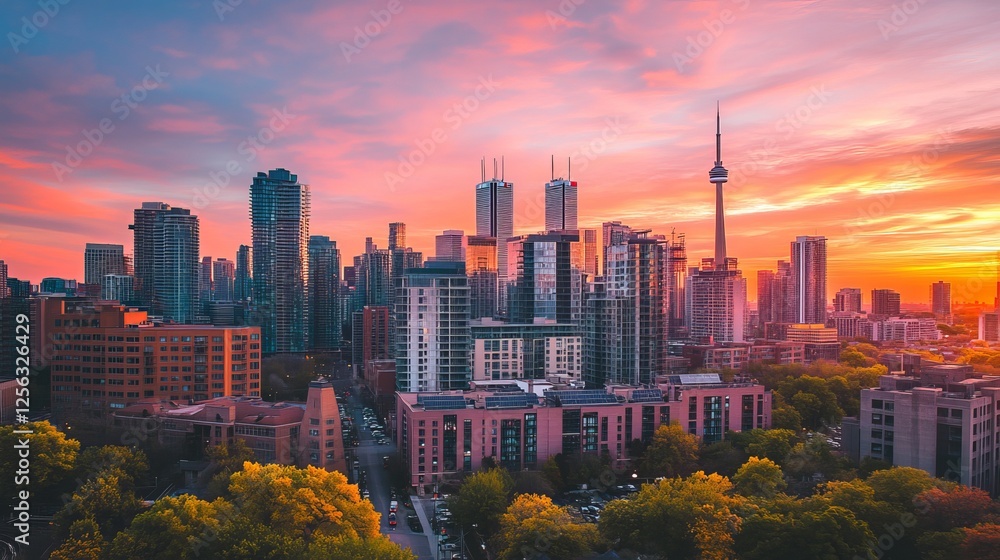 Obraz premium Clean energy powers a city skyline at sunset. Solar panels, batteries, and wind turbines provide sustainable power.