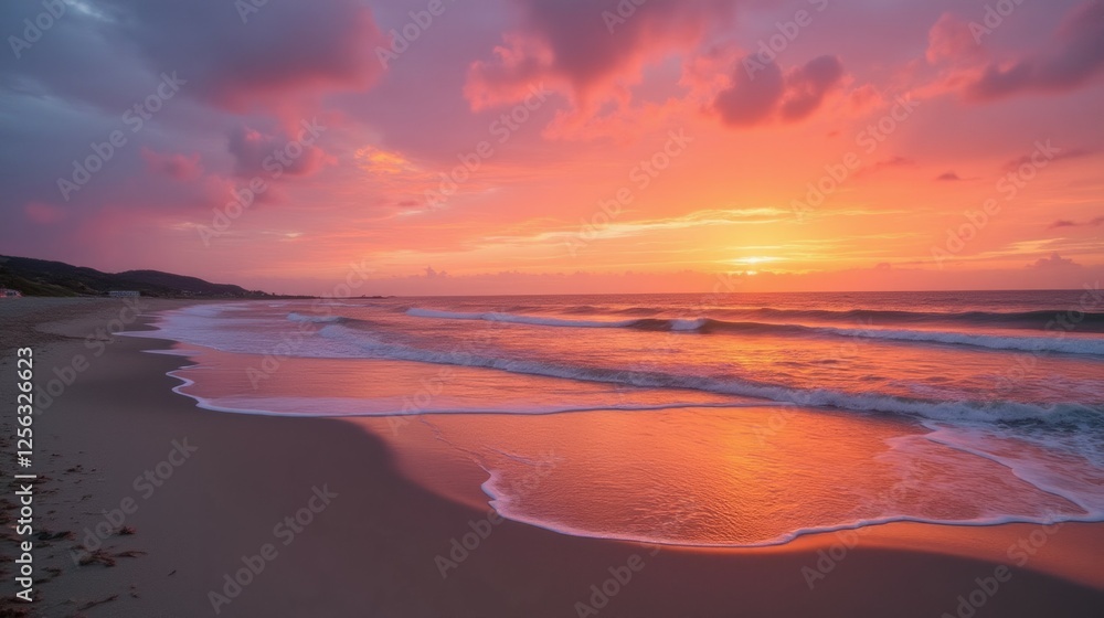 Breathtaking Sunset Over Serene Beach with Colorful Sky Reflections Breathtaking Sunset Over Serene Beach with Colorful Sky Reflections