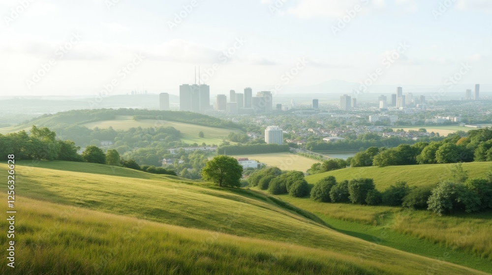 Scenic Landscape of Rolling Hills with Urban Skyline in Distance Scenic Landscape of Rolling Hills with Urban Skyline in Distance
