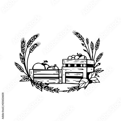 B&W Illustration of Apples, Wheat, and Harvest: crates of apples surrounded by wheat and leaves