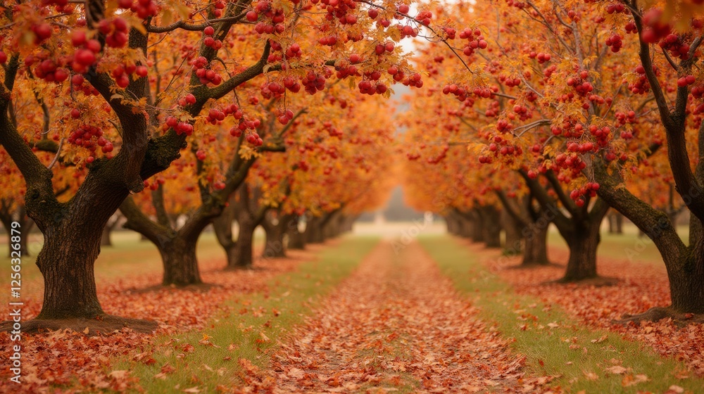 Vibrant Autumn Orchard Pathway with Orange and Red Foliage Vibrant Autumn Orchard Pathway with Orange and Red Foliage