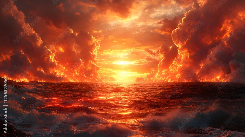 An enchanting representation of molten lava flowing beautifully into the ocean with steam clouds rising An enchanting representation of molten lava flowing beautifully into the ocean with steam clouds rising