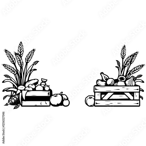 Rural harvest scene of a pair of crates filled with varied produce, evoking a sense of abundance and nature.