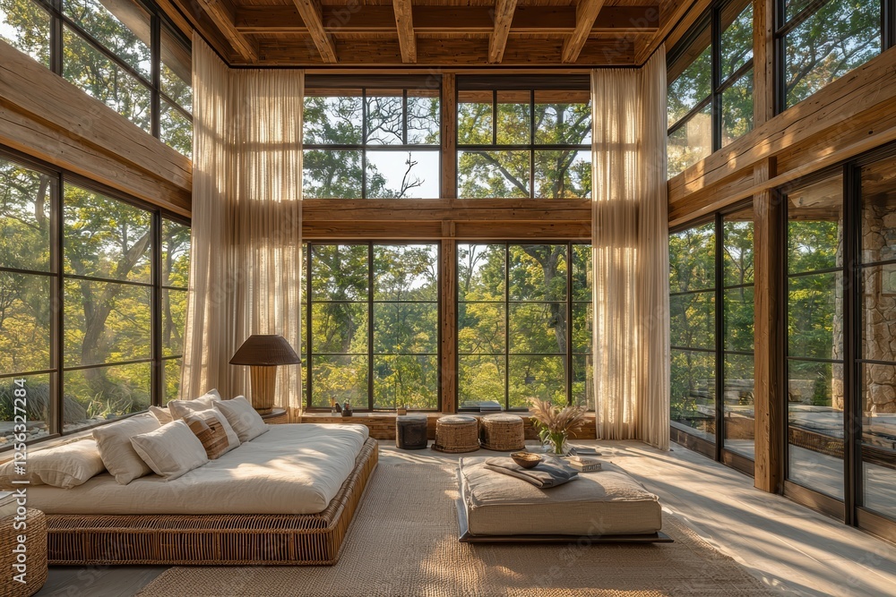 Japandi-inspired sunroom design with large windows serene nature view modern aesthetic inviting atmosphere Japandi-inspired sunroom design with large windows serene nature view modern aesthetic inviting atmosphere